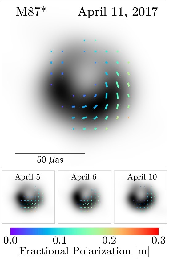 Graphic shows how the polarization of light from M87* changes over several days.